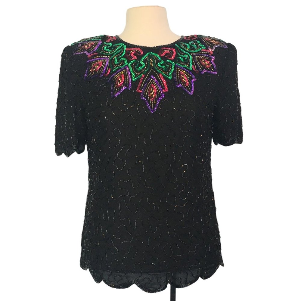 Scala Womens Black Silk Beaded Top, Sequins Wedding, Formal,‎ Evening, Purple M
